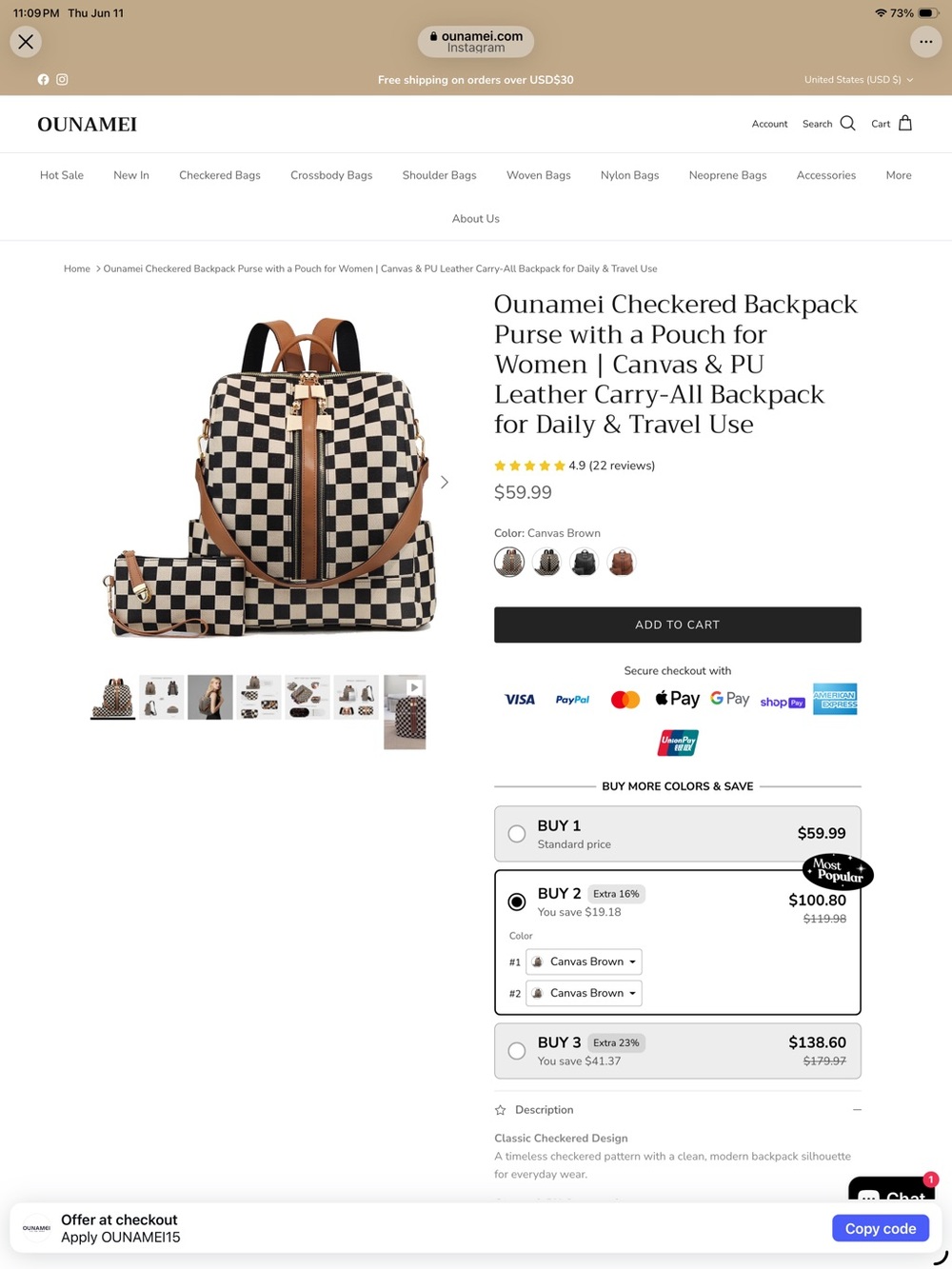 Checkerboard Canvas Backpack with Wristlet - Black & Cream - Picture 4 of 4